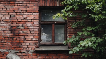 Poster - A weathered window, framed in dark wood, is set into a crumbling red brick wall, partially obscured by vibrant green foliage. : Generative AI