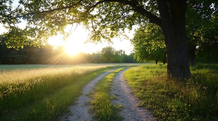 Aufkleber - Sunset illuminates a dirt road winding through a field of tall grass, bordered by lush green trees casting long shadows. : Generative AI