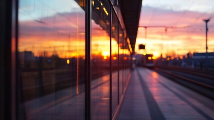 Poster - Sunset reflected in the glass panels of a modern train station platform, showcasing a blurred cityscape and the warm colors of the evening sky. : Generative AI