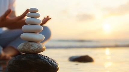 Poster - Serene sunset beach scene featuring a carefully balanced stack of smooth, white stones, with a person meditating in the soft, blurry background. : Generative AI