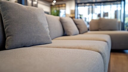 Aufkleber - Close-up view of a modern beige sofa with textured gray cushions, showcasing the fabric's detailed weave and soft comfort in a contemporary living room setting. : Generative AI