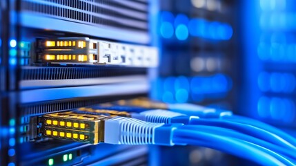 Poster - Close-up view of fiber optic cables connected to a server rack, showcasing illuminated network ports and blue cables in a data center environment. : Generative AI