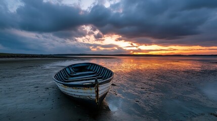Poster - Solitary weathered wooden boat rests on a tranquil beach at sunset, reflecting the fiery orange and purple hues of the sky. : Generative AI
