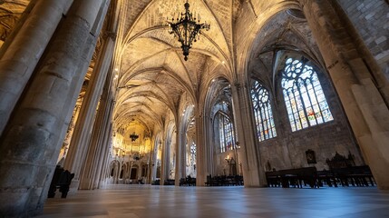 Poster - A majestic cathedral interior, showcasing soaring stone columns, arched ceilings, and vibrant stained glass windows, bathed in soft, warm light. : Generative AI