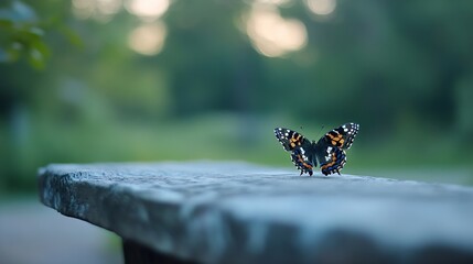 Poster - A single butterfly with orange, black, and blue wings rests on a weathered stone surface, a tranquil scene in a blurred green garden background. : Generative AI