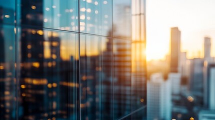 Poster - Golden hour cityscape reflected in modern glass building facade, showcasing urban architecture and a vibrant sunset. : Generative AI