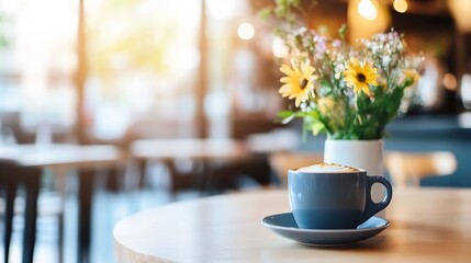 Poster - Aromatic cappuccino in a blue cup sits on a light wood table in a cafe, with a vase of yellow and white flowers softly blurred in the background. : Generative AI