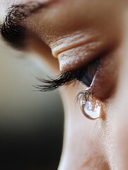Poster - Close-up of a single tear rolling down a woman's cheek, highlighting the delicate eyelashes and skin texture.  The image evokes feelings of sadness and vulnerability. : Generative AI