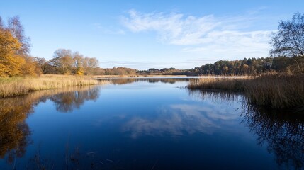 Leinwandbilder - Serene autumnal lake reflecting a clear blue sky, surrounded by golden trees and reeds, creating a peaceful landscape. : Generative AI
