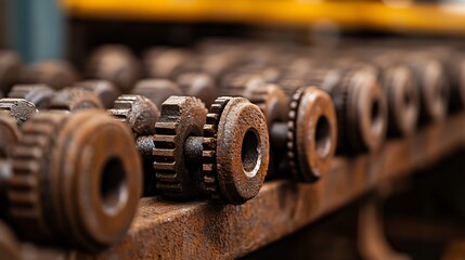 Aufkleber - Close-up view of rusty gears and cogs on a weathered metal bar, showing intricate details and texture of aged industrial machinery. : Generative AI