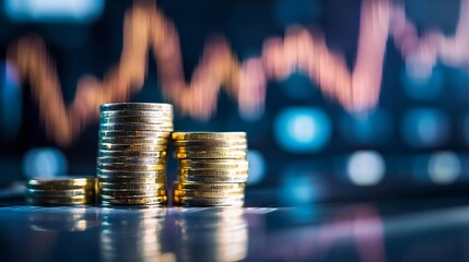 Leinwandbilder - Stacks of gold coins sit on a reflective surface against a blurred background of a stock market graph showing financial growth and investment. : Generative AI