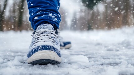 Poster - Close-up view of snow-covered blue sneakers on a snowy path, person walking in winter, cold weather, outdoor scene. : Generative AI