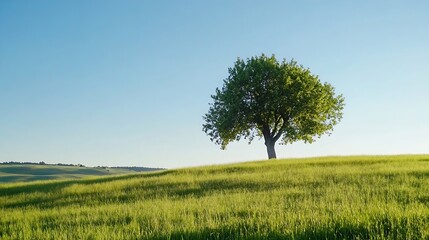Aufkleber - Single tree standing in a vast green field under a clear blue sky, idyllic summer landscape. : Generative AI