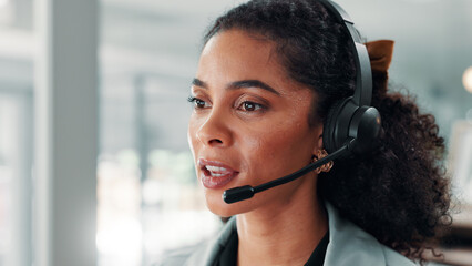 Poster - Call center, mic and woman with communication, contact us and CRM for customer service or help desk. Female consultant, conversation and headset with online support, advice or assistance for telecom