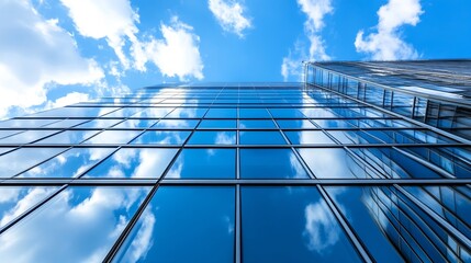 Poster - Modern glass skyscraper reflecting blue sky and fluffy clouds, low angle view showcasing architectural design and urban landscape. : Generative AI