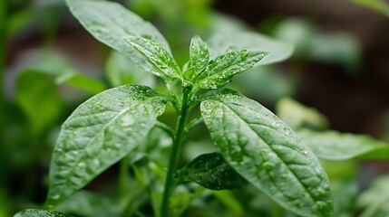 Poster - Close-up view of a vibrant green plant with dew drops on its leaves, showcasing the intricate details of its foliage and the freshness of nature. : Generative AI