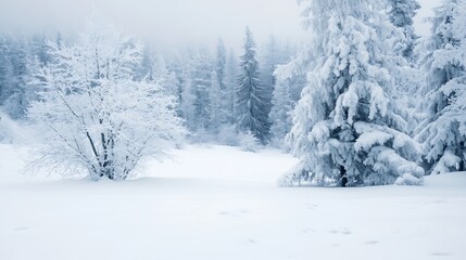 Poster - Serene winter landscape featuring snow-covered trees and a pristine field of snow, creating a peaceful and tranquil atmosphere. : Generative AI