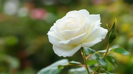 Aufkleber - Close-up view of a single, elegant white rose in bloom, showcasing its delicate petals and vibrant green leaves against a softly blurred garden backdrop. : Generative AI