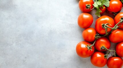 Aufkleber - A cluster of ripe red tomatoes on the vine rests on a light gray textured surface, creating a vibrant and appetizing image perfect for culinary or food-related projects. : Generative AI
