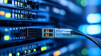 Poster - Close-up view of a fiber optic cable connecting to a server rack in a data center, showcasing illuminated ports and technological detail. : Generative AI