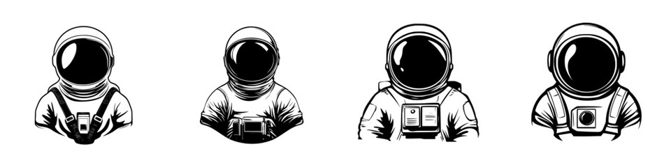 Wall Mural - Collection of flat black astronaut icons showcasing different helmet designs and suit styles