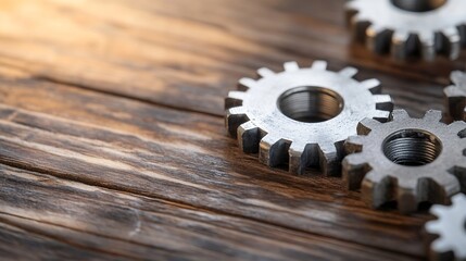 Aufkleber - Close-up of metallic gears resting on a dark brown wooden surface, showcasing intricate details and textures of the cogs and the wood grain. : Generative AI