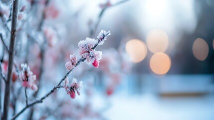 Poster - Close-up of frost-covered pink blossoms on a branch, delicate winter scene with blurred bokeh background lights. : Generative AI