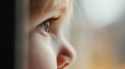 Poster - Close-up profile view of a toddler's eye, showcasing long eyelashes and a curious gaze, soft light illuminating delicate facial features. : Generative AI