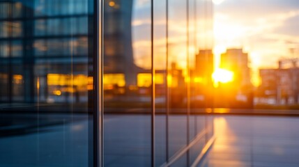Poster - Modern glass building reflecting a vibrant sunset, showcasing the city skyline and warm golden hues at dusk. Architectural detail and urban landscape. : Generative AI