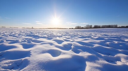 Poster - Winter landscape: sunlit snowdrifts in a vast, frozen field under a brilliant blue sky, with a distant line of bare trees. : Generative AI