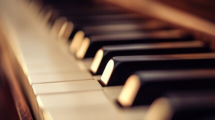Aufkleber - Close-up view of a piano keyboard, showcasing the ivory white keys and dark ebony black keys.  The warm lighting creates a soft, inviting ambiance, ideal for musical themes. : Generative AI