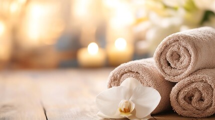 Aufkleber - Spa setting with rolled beige towels, a white orchid, and a blurred background of candles and flowers, conveying serenity and relaxation. : Generative AI