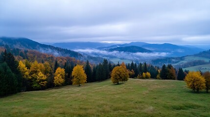 Aufkleber - Serene autumn landscape: golden trees on a grassy hill overlooking a misty mountain valley, showcasing vibrant fall foliage and a tranquil atmosphere. : Generative AI