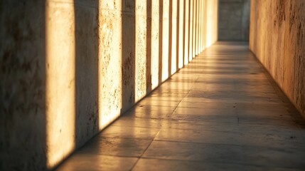 Fototapete - Golden sunlight streams through a narrow corridor, illuminating textured stone walls and a pale marble floor, creating a serene and minimalist atmosphere. : Generative AI
