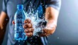 © intricateflow - Cinematic Close-Up of a Hand Holding an Ice-Cold Water Bottle with Droplets and Splashing Water Flying Dramatically Toward the Camera in a High-Speed Shot with Intense, Refreshing Detail