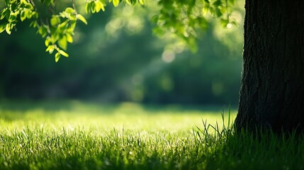 Aufkleber - Serene spring scene: lush green grass, sunlight filtering through vibrant leaves of a tree, creating a tranquil, natural backdrop. : Generative AI