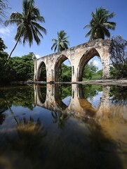 Leinwandbilder - Reflective Serenity: An ancient stone arch bridge, partially ruined, stands serenely over calm water, mirrored perfectly, with lush tropical palms framing the scene under a vibrant blu : Generative AI