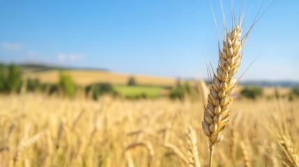 Poster - Close-up of a single ripe wheat stalk in a golden field under a clear blue sky, showcasing the texture and detail of the grain. : Generative AI