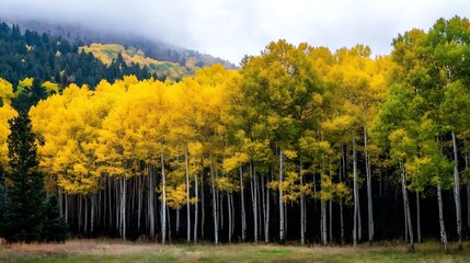 Poster - Golden aspen trees stand tall against a misty mountain backdrop, their vibrant yellow leaves contrasting with the dark evergreens and a cloudy sky.  A serene autumnal scene. : Generative AI