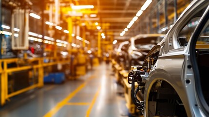 Aufkleber - Car body assembly line in a modern automotive factory, showcasing the car's chassis and components during the manufacturing process. : Generative AI