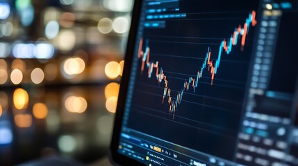 Leinwandbilder - Close-up view of a computer screen displaying a dynamic stock market chart with rising and falling trends, set against a blurred city night lights background. : Generative AI