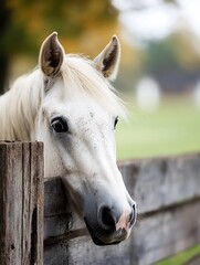 Aufkleber - Close-up portrait of a beautiful white horse peering over a rustic wooden fence, autumnal background blurred. : Generative AI