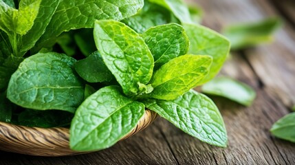 Aufkleber - Fresh green spinach leaves in a rustic wooden bowl, close-up view showcasing vibrant color and texture.  Ideal for healthy eating, cooking, and culinary themes. : Generative AI