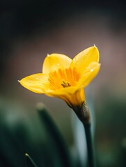 Poster - Close-up view of a single, vibrant yellow daffodil blossom, showcasing delicate petals with water droplets, set against a blurred, dark green background. : Generative AI