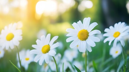 Aufkleber - Close-up of daisies in a sunlit meadow, showcasing their delicate white petals and vibrant yellow centers, creating a serene and peaceful springtime scene. : Generative AI
