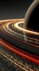 Poster - A mesmerizing cosmic scene featuring a planet's luminous rings, swirling with golden and orange particles, creating a breathtaking celestial spectacle.