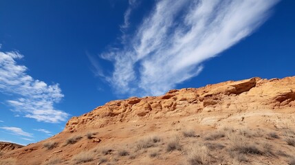 Aufkleber - Arid landscape featuring a dramatic sandstone cliff face under a vibrant blue sky with wispy white clouds, showcasing the textures and colors of the desert environment. : Generative AI