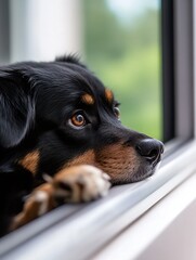 Aufkleber - A pensive black and tan dog rests its paws on a windowsill, gazing wistfully out at a blurred green landscape beyond. : Generative AI