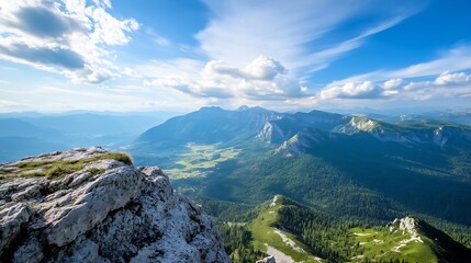 Aufkleber - Majestic mountain vista: a panoramic view from a rocky peak overlooking a vast, verdant valley and distant, snow-capped peaks under a vibrant blue sky. : Generative AI