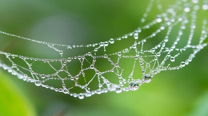 Poster - Close-up view of a spiderweb glistening with morning dew, showcasing intricate details and the reflection of light in each water droplet. : Generative AI
